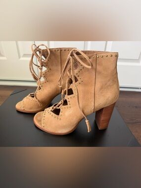 Frye Tan Suede Lace-Up Peep Toe Studded Booties